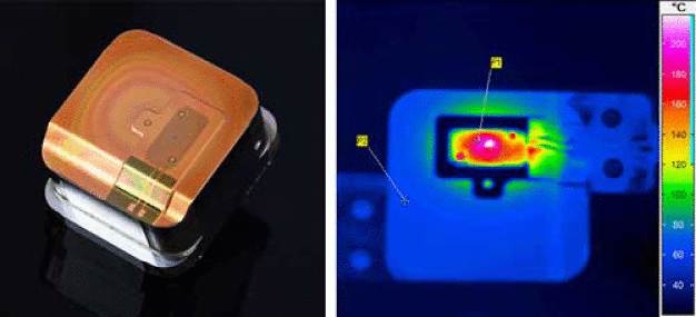 li.: Werkzeugeinsatz mit Heizstruktur aus Kupfer, 
re.: Thermografie Aufnahme eines Heiztests