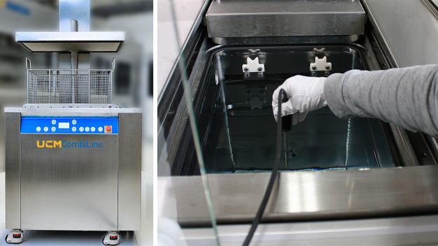 Der Einsatz der APM-Technologie wird an der modularen Ultraschallreinigungsanlage UCMCombiLine für Handarbeitsplätze live demonstriert. (Bildquelle: Ecoclean) / The use of APM technology will be demonstrated live on the UCMCombiLine modular ultrasonic cleaning system for manual workstations. (Image source: Ecoclean)