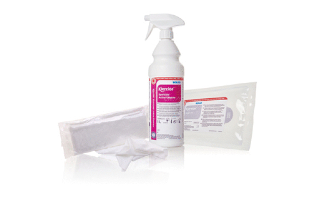 Klercide Sporicidal Active Chlorine Spray. Klerwipe polyester dry wipes and Klerwipe 70/30 IPA wipes.