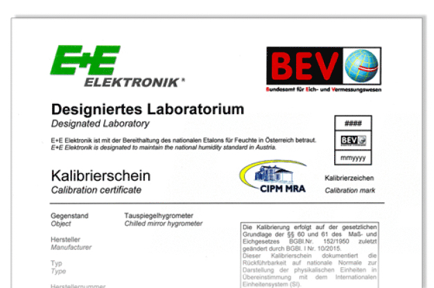 Abbildung 1: BEV/E+E Kalibrierzertifikat mit CIPM MRA-Logo. (Foto: E+E Elektronik GmbH) / Figure 1: BEV/E+E calibration certificate with CIPM MRA logo. (Photo: E+E Elektronik GmbH)