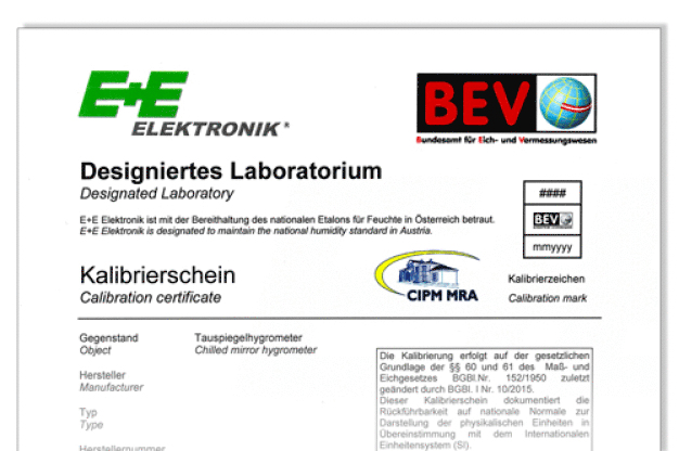 Abbildung 1: BEV/E+E Kalibrierzertifikat mit CIPM MRA-Logo. (Foto: E+E Elektronik GmbH) / Figure 1: BEV/E+E calibration certificate with CIPM MRA logo. (Photo: E+E Elektronik GmbH) Abbildung 1: BEV/E+E Kalibrierzertifikat mit CIPM MRA-Logo. (Foto: E+E Elektronik GmbH) / Figure 1: BEV/E+E calibration certificate with CIPM MRA logo. (Photo: E+E Elektronik GmbH)
