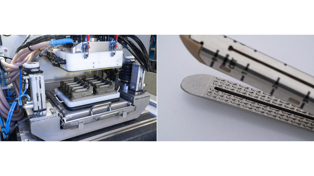 Mit dem ECM-Verfahren lassen sich Werkstücke nicht nur entgraten, es können Bauteile, hier ein Stapler (Klammergerät) zum Verschließen von Wunden durch Klammern, hergestellt werden. Die Mikrostrukturierung erfolgt in einem Mehrfachwerkzeug. (Bildquelle: EMAG ECM) / Not only can workpieces be deburred with the ECM process, it can also be used to produce components – in this case a stapler used for closing wounds. Microstructuring takes place in a multiple tool. (Image source: EMAG ECM)