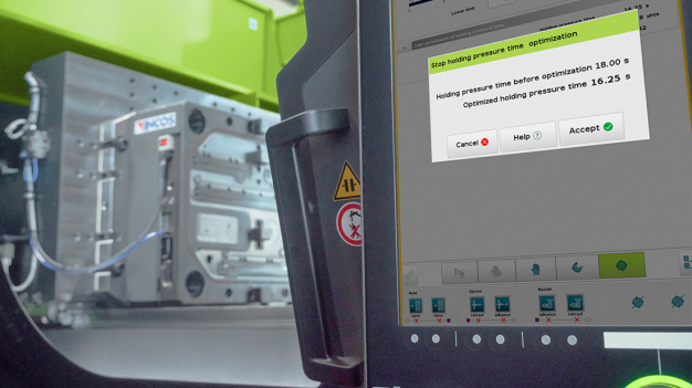 Das neue Assistenzsystem iQ hold control ermittelt die optimale Nachdruckzeit und sorgt damit für mehr Effizienz sowohl beim Rüsten als auch in der laufenden Produktion. (Bild: Engel) / The new iQ hold control assistance system determines optimum holding pressure times, thereby enhancing efficiency in both setup and production operations. (Photo: Engel)