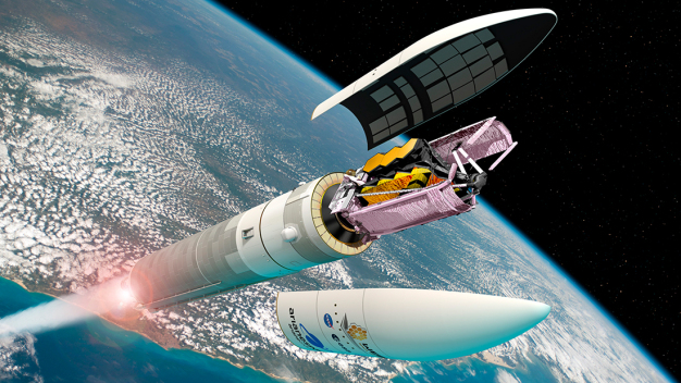 Artist's view of Webb on an Ariane 5 rocket. (Copyright: ESA / D. Ducros)