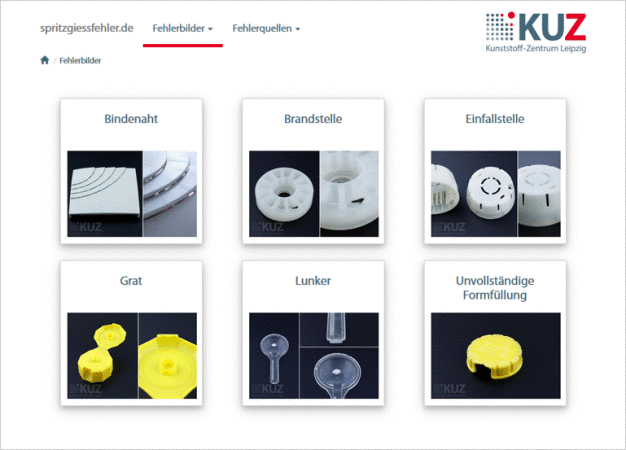 Screenshot: Fehlerbilder im Online-Fehlerkatalog „spritzgiessfehler.de