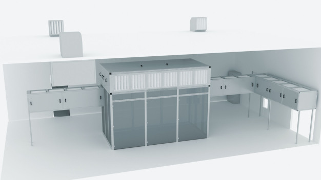 Laminar flow units on top of the conveyor belt line protect open bottles during transport to the filling machine area. © Freudenberg