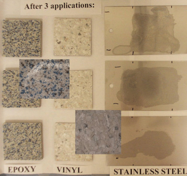 Fig. 1: Appearance of residue on typical cleanroom surfaces (distance of 4 feet); 3 applications of 0.5 mL per coupon. Top row: low pH phenolic at 1:256; middle row: high pH phenolic at 1:128; bottom row: ready-to-use sporicide (blend of peracetic acid and hydrogen peroxide). The bottom row vinyl and center row epoxy coupons are enlarged (distance of 1 foot).