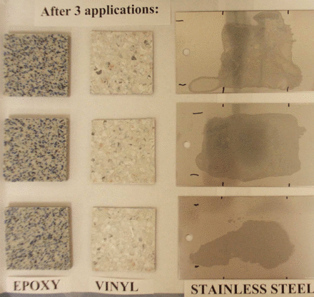 Fig. 1: Appearance of residue on typical cleanroom surfaces (distance of approximately 1.2m); 3 applications of 0.5 mL per coupon. Top row: low pH phenolic at 1:256; middle row: high pH phenolic at 1:128; bottom row: ready-to-use sporicide (blend of peracetic acid and hydrogen peroxide). The bottom row vinyl and center row epoxy coupons are enlarged (distance of approximately 0.3 m). 