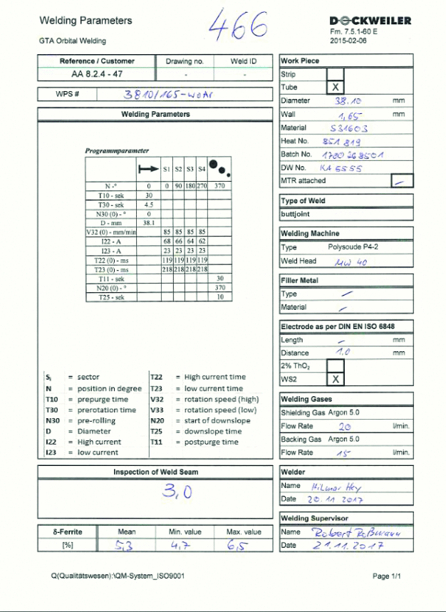 Fig. 2: Optimized welding parameters for a particular batch of material.