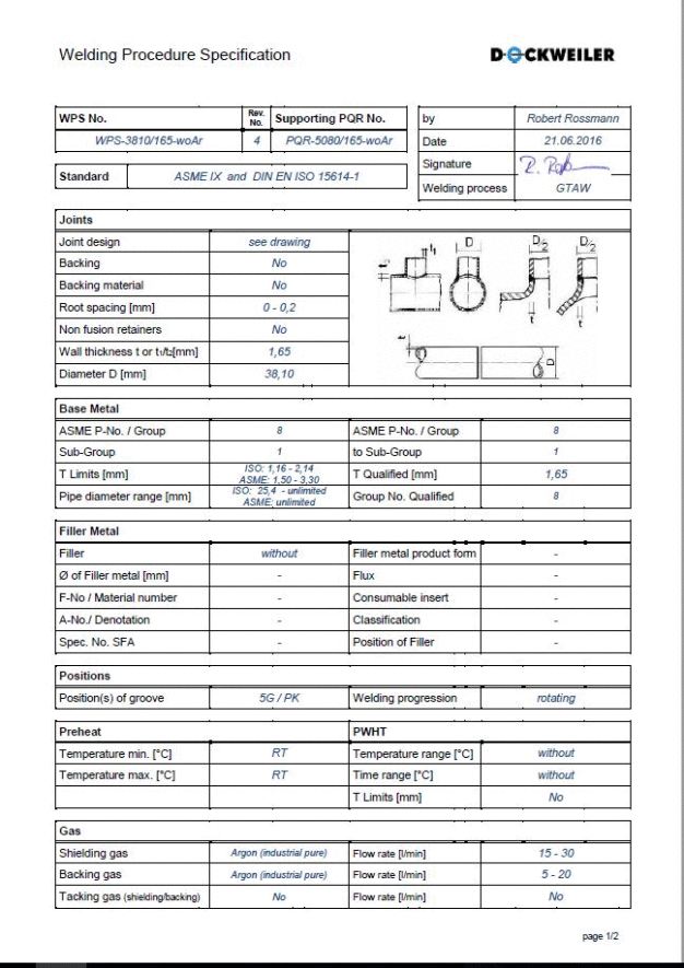 Abb. 3: Schweißanweisung (Welding Procedure Specification) für die Herstellung eines bestimmten Bauteils. / Fig. 3: Welding Procedure Specification for the production of a specific component.
