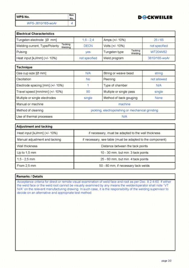 Abb. 3: Schweißanweisung (Welding Procedure Specification) für die Herstellung eines bestimmten Bauteils. / Fig. 3: Welding Procedure Specification for the production of a specific component.