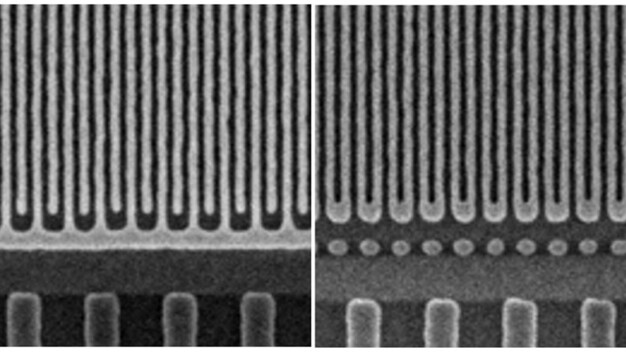 Abbildung 1 – Top-down-REM-Aufnahmen von Mäandern (links) und Gabeln (rechts) mit 20 nm Abstand nach der Musterübertragung in eine TiN-Hartmaske. / Figure 1 - Top-down SEM pictures of 20nm pitch meanders (left) and forks (right) after pattern transfer into TiN hard mask. 