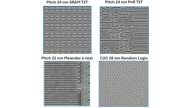 Figura 1. Rappresentative immagini REM di wafer EUV con NA 0,55 che mostrano la strutturazione CAR su strutture di logica metallica e via con passo ridotto, tra cui SRAM (AEI), PnR (AEI), test a zig zag (ADI) e via di logica casuale a 28 nm C2C (ADI) (AEI = ispezione dopo l'etching; ADI = ispezione dopo lo sviluppo).