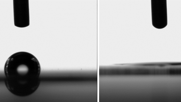 Links: Ausgangszustand (hydrophob, Wassertropfen-Kontaktwinkel ca. 95 °), rechts: nach 30-minütiger Bestrahlung mit UV-Licht (superhydrophil, Kontaktwinkel <5 °) © Fraunhofer FEP