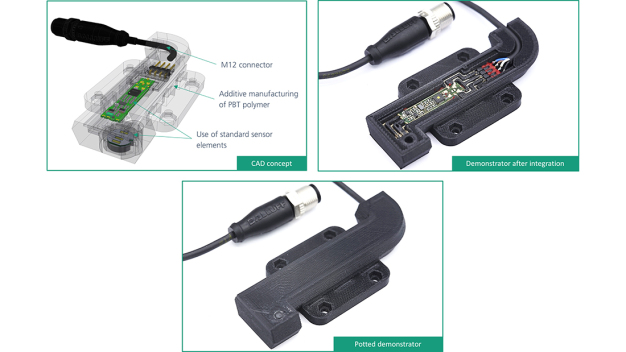 Demonstration model of customized sensor at different production stages: CAD concept (top left), after integration of the electronic components (top right) and as a finished demonstration model (bottom). (Source: Fraunhofer IPA)