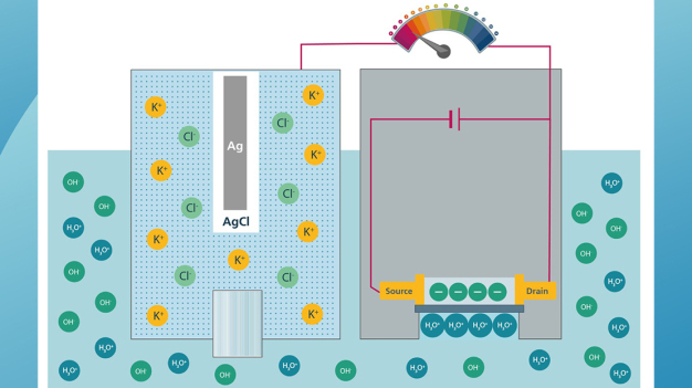 Vereinfachte Darstellung eines ISFETs mit einer Ag / AgCl-Referenzelektrode. © Fraunhofer IPMS / Simplified illustration of an ISFET with an Ag / AgCl reference electrode. © Fraunhofer IPMS