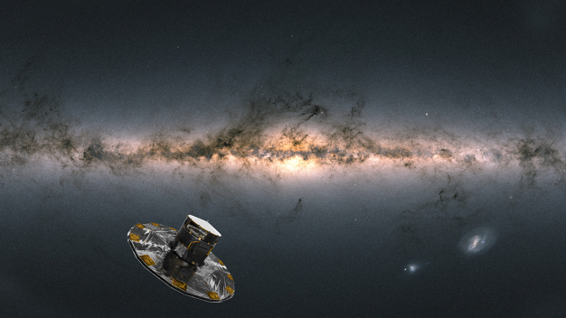 Künstlerische Darstellung von Gaia bei der Beobachtung der Milchstraße. © Raumsonde: ESA/ATG medialab; Milchstraße: ESA/Gaia/DPAC; CC BY-SA 3.0 IGO. Acknowledgement: A. Moitinho. / Artist's impression of Gaia observing the Milky Way. © Spacecraft: ESA/ATG medialab; Milky Way: ESA/Gaia/DPAC; CC BY-SA 3.0 IGO. Acknowledgement: A. Moitinho.