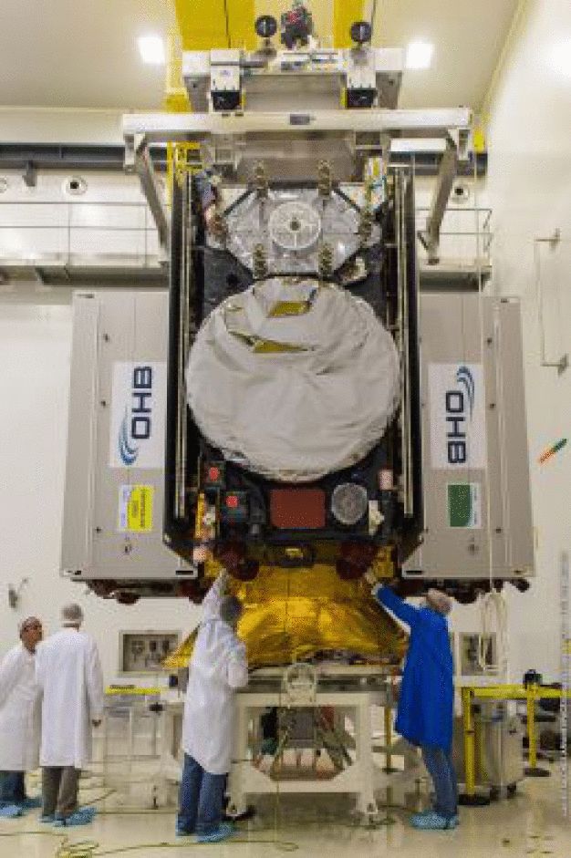 Galileo FOC Satelliten von OHB beim so genannten „Fit-Check“ in einem Reinraum am Weltraumbahnhof in Kourou, Französisch-Guayana. (© ESA/CNES/ARIANESPACE) / Galileo FOC satellites undergoing testing at a cleanroom at the space center in Kourou, French-Guyana. (© ESA/CNES/ARIANESPACE)