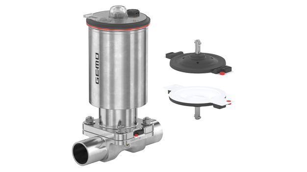 Membranventil GEMÜ D40 und Membrane mit Bajonett-Pin (Ansicht oben und unten) / GEMÜ D40 diaphragm valve and diaphragm with bayonet pin (top and bottom view)