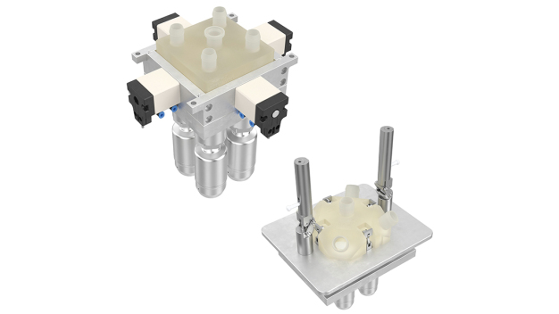 Links: Antriebseinheit mit pneumatischer Verriegelung (PSUA) mit GEMÜ Single-Use M-Block (KSUBA); Rechts: Antriebseinheit mit manueller Verriegelung per Handhebel (PSUH) mit GEMÜ Single-Use M-Block (KSUBH) / On the left: Actuator unit with pneumatic locking device (PSUA) with GEMÜ single-use M-block (KSUBA); On the right: Actuator unit with manual locking device via hand lever (PSUH) with GEMÜ single-use M-block (KSUBH)