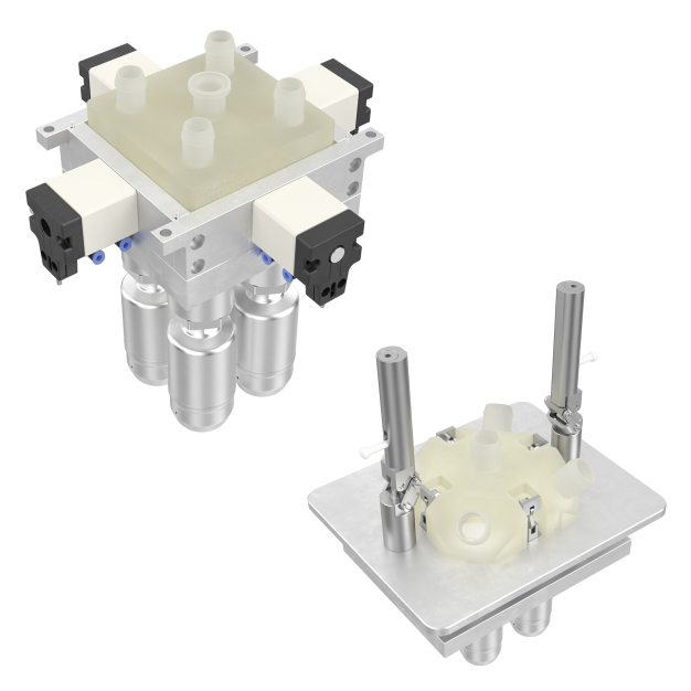 Links: Antriebseinheit mit pneumatischer Verriegelung (PSUA) mit GEMÜ Single-Use M-Block (KSUBA); Rechts: Antriebseinheit mit manueller Verriegelung per Handhebel (PSUH) mit GEMÜ Single-Use M-Block (KSUBH) / On the left: Actuator unit with pneumatic locking device (PSUA) with GEMÜ single-use M-block (KSUBA); On the right: Actuator unit with manual locking device via hand lever (PSUH) with GEMÜ single-use M-block (KSUBH) Links: Antriebseinheit mit pneumatischer Verriegelung (PSUA) mit GEMÜ Single-Use M-Block (KSUBA); Rechts: Antriebseinheit mit manueller Verriegelung per Handhebel (PSUH) mit GEMÜ Single-Use M-Block (KSUBH) / On the left: Actuator unit with pneumatic locking device (PSUA) with GEMÜ single-use M-block (KSUBA); On the right: Actuator unit with manual locking device via hand lever (PSUH) with GEMÜ single-use M-block (KSUBH)