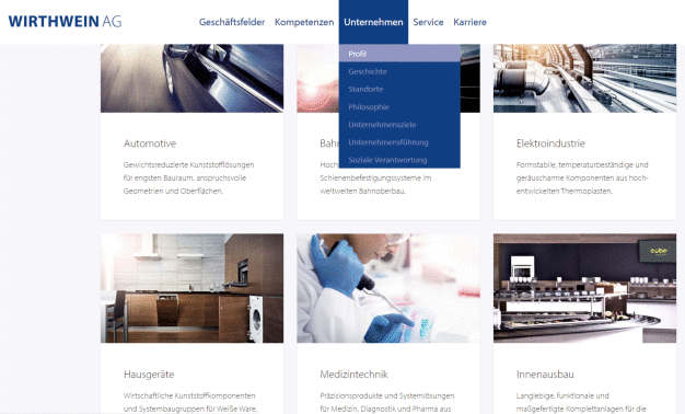Im Bild: die neue Website der Wirthwein AG – ein Blick auf das Unternehmensprofil. Hier erfährt der User in kürzester Zeit alles Wichtige rund um Wirthwein.