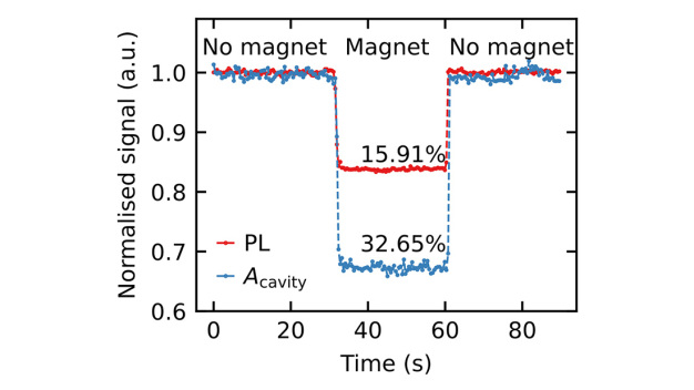 Die Messung zeigt den Kontrastrekord von knapp 33 Prozent bei stimulierter magnetfeldabhängiger Emission (blau) im Vergleich zu spontaner Emission (rot). © Fraunhofer IAF / The measurement shows the contrast record of almost 33 percent for stimulated magnetic field-dependent emission (blue) compared to spontaneous emission (red). © Fraunhofer IAF