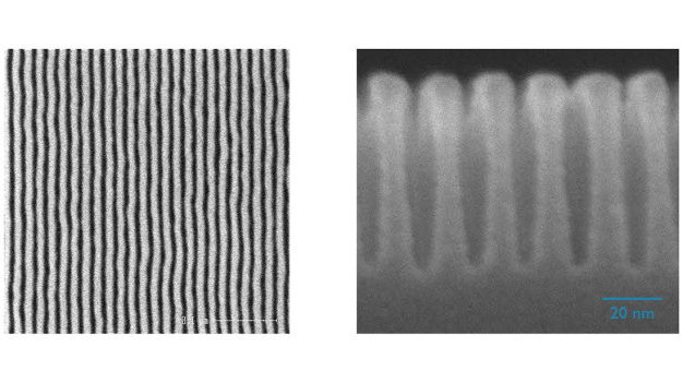 Top-Down- (links) und Querschnitt- (rechts) REM-Aufnahmen eines 18-nm-Linien-/Raummusters nach High-χ-DSA und anschließendem Ätzen in eine Ziel-SiN-Schicht.