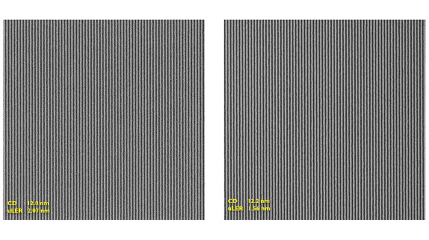 24nm Pitch-Linien/Abstände, erzielt auf einem 0,33NA NXE:3400B Vollfeldscanner, (links) nach dem Entwickeln und (rechts) nach dem Ätzen auf der kritischen Zielgröße (CD) (uLER = unbiased line-edge roughness). / 24nm pitch line/spaces obtained on a 0.33NA NXE:3400B full field scanner, (left) after developing and (right) after etching on target critical dimension (CD) (uLER = unbiased line-edge roughness).