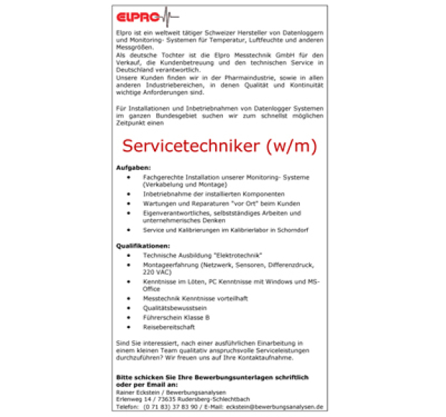 Servicetechniker (w/m) gesucht