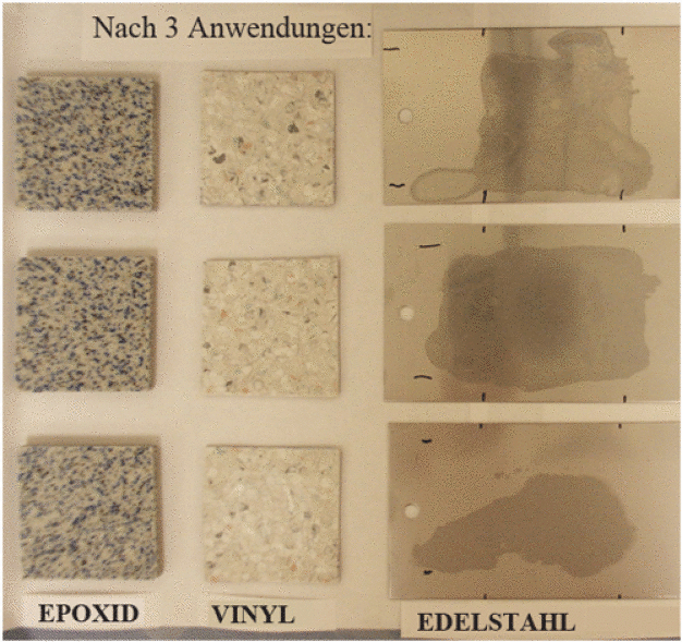 Abb. 1: Aussehen von Rückständen auf typischen Oberflächen in Reinräumen (aus einer Entfernung von ca. 1,2 m); 3 Anwendungen mit 0,5 ml/Probestreifen. Obere Reihe: Phenol mit niedrigem pH-Wert bei 1:256; mittlere Reihe: Phenol mit hohem pH-Wert bei 1:128; untere Reihe: gebrauchsfertiges Sporizid (Mischung aus Peressigsäure und Wasserstoffperoxid). Die Teststreifen des Vinyls in der unteren Reihe und des Epoxids in der mittleren Reihe sind vergrößert dargestellt (Entfernung von 0,3 m).