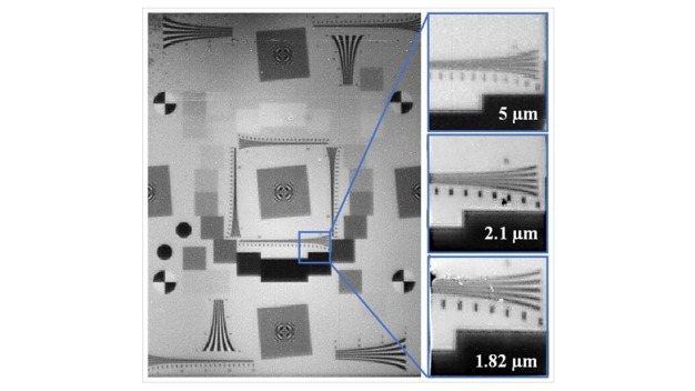 SWIR-Bilder für 3 verschiedene Pixelabstände. Die Bilder mit der höchsten Auflösung konnten mit dem kleinsten (1,82 µm) Pixelabstand aufgenommen werden. / SWIR images for 3 different pixel pitches. Highest resolution images could be captured with the smallest (1.82 µm) pixel pitch.