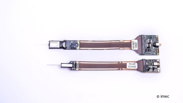 The Neuropixels 2.0 probe (bottom) is smaller than the first generation (top) and can monitor neural activity over weeks.