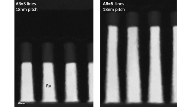TEM-Querschnitte von Ru-Bahnen mit 18 nm Metallabstand: (links) AR 3, (rechts) AR 6. Die TEMs zeigen ein nahezu vertikales Profil der Ru-Bahnen und die Skalierbarkeit des aktuellen Schemas zu höheren ARs. / Cross-section TEMs of Ru lines with 18nm metal pitch: (left) AR 3, (right) AR 6. The TEMs demonstrate a nearly vertical profile of the Ru lines and scalability of the current scheme towards higher ARs. 
