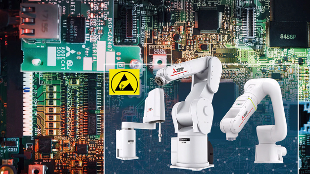 Von der Produktion von Halbleitern und Chips bis zum Einsatz von Industrierobotern in der Elektronikfertigung. Mitsubishi Electric deckt die gesamte Wertschöpfungskette ab. (Quelle: Mitsubishi Electric Europe B.V.) / From the manufacture of semiconductors and chips to the use of industrial robots in electronics production. Mitsubishi Electric covers the entire value chain. (Source: Mitsubishi Electric Europe B.V.)