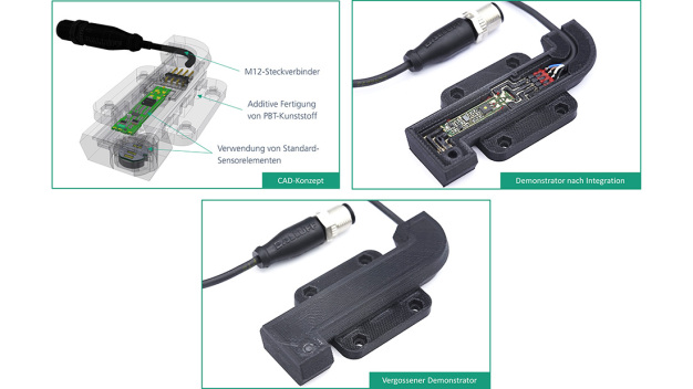 Demonstrator des individualisierten Sensors in den unterschiedlichen Fertigungsstufen: CAD-Konzept (oben links), nach der Integration der elektronischen Komponenten (oben rechts) und als fertiger Demonstrator (unten). 