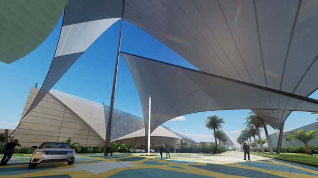 3D Rendering: Sails equipped with photovoltaics on EVA’s future production site. (Photo: io-consultants GmbH & Co. KG)