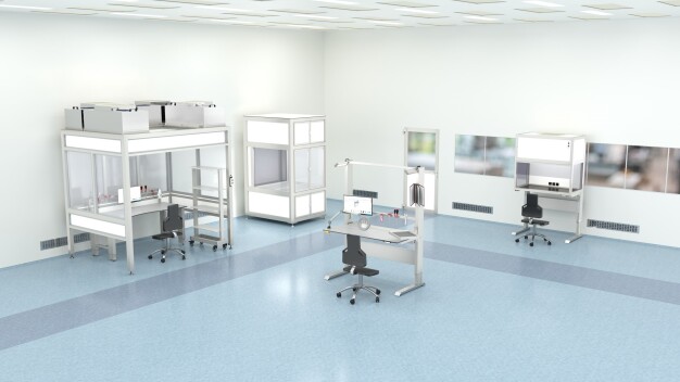 Die Gestaltung von Reinräumen variiert je nach Produkt, Prozess, geforderter Reinheitsklasse und vorhandenen räumlichen Verhältnissen. Ob als einzelner Arbeitsplatz mit Laminar Flow Box, Teilumhausung oder Maschinenkabine – mit den modularen Komponenten von item lassen sich zahlreiche Reinraum-Anwendungen realisieren. 