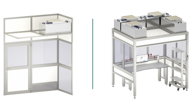 Sollen größere Produktionsbereiche vor Verunreinigungen geschützt werden, bieten sich Teilumhausungen mit mehreren Filter-Fan-Units an. Der Innenbereich lässt sich mit zahlreichen item Komponenten aus dem Systembaukasten reinraumtauglich und individuell gestalten.