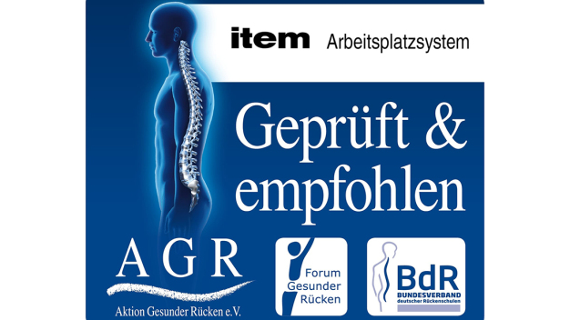 Eine ganzheitliche Betrachtung des Arbeitsplatzes ist unabdingbar, sollen ergonomische Verbesserungen erzielt werden. Dass item dies gelingt, zeigt die Auszeichnung mit dem unabhängigen Gütesiegel „geprüft & empfohlen“ der Aktion Gesunder Rücken (AGR). (Quelle: item)