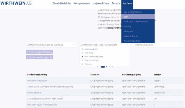 Ein Blick auf den neu gestalteten Karrierebereich der internationalen Wirthwein AG zeigt, dass die Benutzerfreundlichkeit an erster Stelle steht. Potenzielle Bewerber haben die Möglichkeit, nach Standorten, Beschäftigungsarten sowie Bereichen zu filtern. Auch Initiativbewerbungen sind online jederzeit möglich.