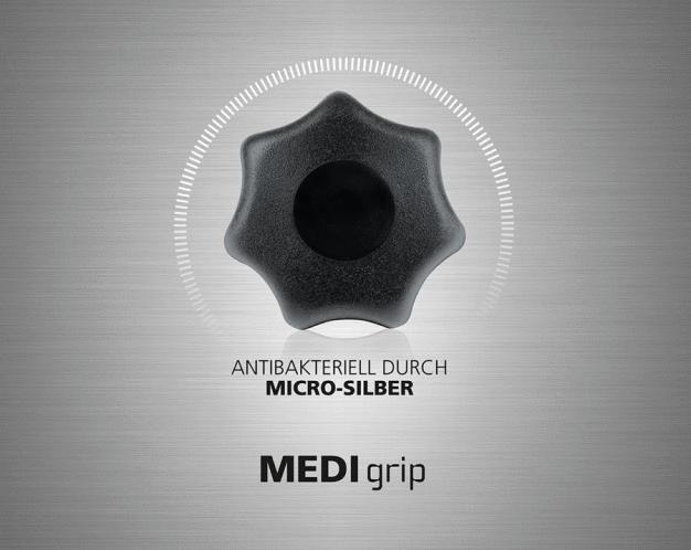 KIPP fertigt antibakterielle Griffe aus Micro-Silber für Bereiche mit höchsten hygienischen Anforderungen wie der Medizin- oder Lebensmitteltechnik. (Bild: KIPP)