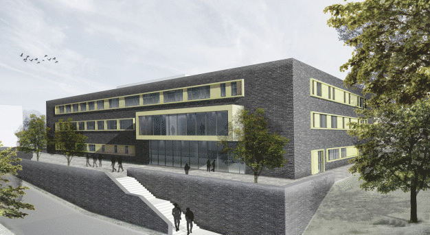 Visualisierung 1: Außenansicht des Laserinstitutsgebäudes der Hochschule Mittweida / Visualisation 1: External view of the Laser Institute building at the University of Applied Sciences Mittweida