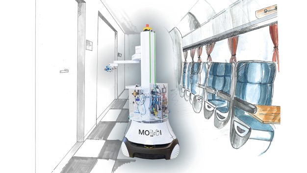In the “MobDi” project, disinfection robots are being developed for use both in buildings (left side) and in transportation (right side). © Fraunhofer IPA/Photograph: Rainer Bez und Fraunhofer IMW/Chart: Stefanie Irrler
