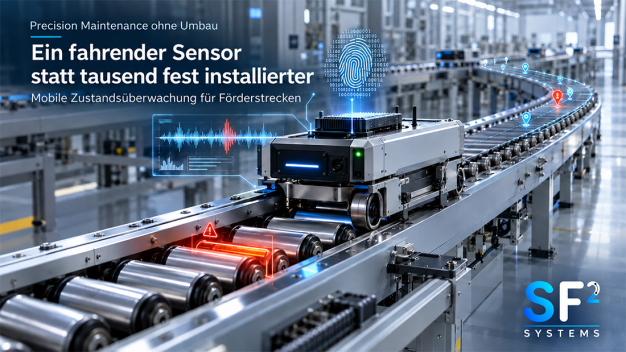 SF2 Conveyor Route State Intelligence: A mobile sensor detects vibrations and movement data along the route. SF2 condenses the signals into compact State Fingerprints, creating a comparable representation of the plant's condition – from individual rollers to the entire conveyor route. (Copyright: SF2 Systems (AI-generated visualization) 2026)