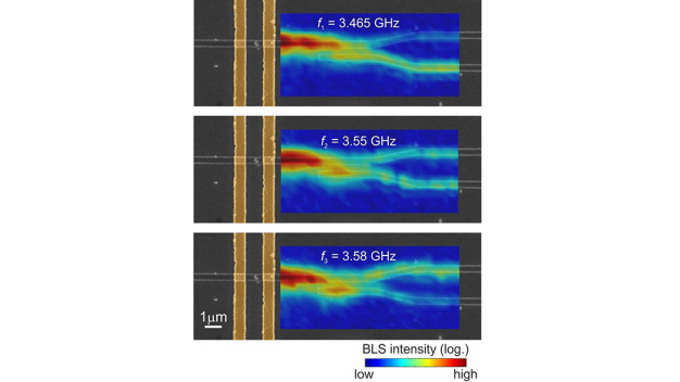 Abb. 2: Die Hauptfunktionalität des nanoskopischen Richtkopplers besteht darin, dass er eine Spinwelle in Abhängigkeit von ihrer Frequenz, ihrer Intensität oder vom angelegten Magnetfeld in verschiedene Ausgänge leiten kann. (Qi Wang, University of Vienna) Abb. 2: Die Hauptfunktionalität des nanoskopischen Richtkopplers besteht darin, dass er eine Spinwelle in Abhängigkeit von ihrer Frequenz, ihrer Intensität oder vom angelegten Magnetfeld in verschiedene Ausgänge leiten kann. (Qi Wang, University of Vienna)