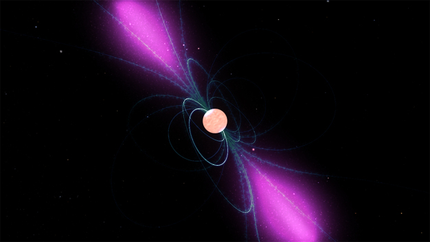 Abb. 2: Künstlerische Darstellung eines rotierenden Pulsars mit seinem starken Magnetfeld, das sich mit ihm dreht. Wolken geladener Teilchen bewegen sich entlang der Feldlinien und ihre Gammastrahlen werden wie ein Leuchtturmlicht von den Magnetfeldern ausgestrahlt. © NASA/Goddard Space Flight Center Conceptual Image Lab / Fig 2: Artist's impression of a pulsar with its powerful magnetic field rotating around it. The clouds of charged particles moving along the field lines emit gamma rays that are focused by the magnetic fields, rather like the beams of light from a lighthouse. In these magnetic fields, pairs of positrons and electrons are created and accelerated, making pulsars potential sources of high-energy cosmic electrons and positrons. © NASA/Goddard Space Flight Center Conceptual Image Lab 