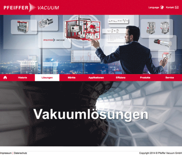 Die neue Vakuumlösungsseite präsentiert das Portfolio von Pfeiffer Vacuum in einer innovativen Erlebniswelt. (Bild: Pfeiffer Vacuum GmbH) / The new vacuum solutions website presents the Pfeiffer Vacuum range of products as an innovative experience. (Picture: Pfeiffer Vaccum GmbH)