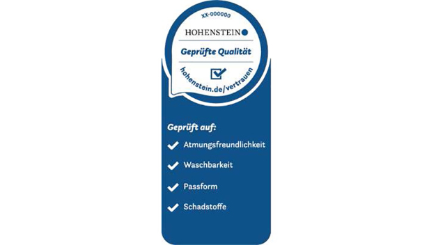 Das Hohenstein Qualitätslabel für Geprüfte Community Masken macht u.a. Produktqualität und Langlebigkeit der Produkte sichtbar. (© Hohenstein)