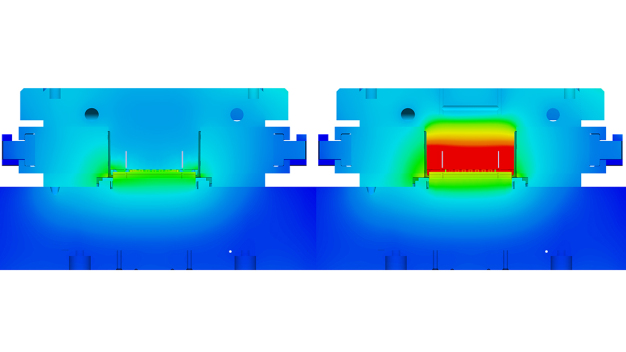 Temperierung im Werkzeug links mit der konturnahen, rechts mit der konventionellen Kühlung. / Mold temperature control on the left using conformal cooling, on the right using conventional cooling.